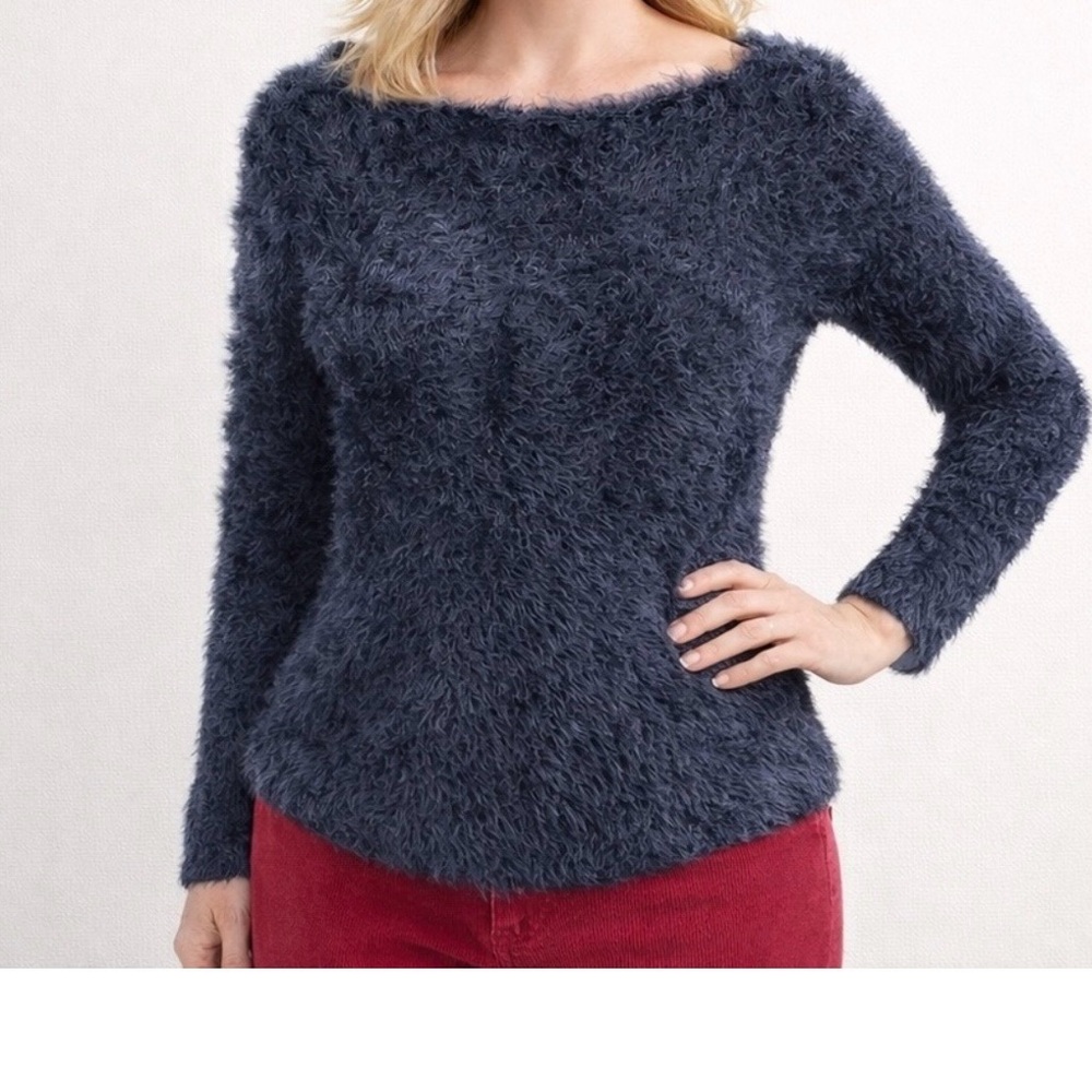 💖 Fuzzy Stretchy Navy Eyelash Weave Sweater, Size L